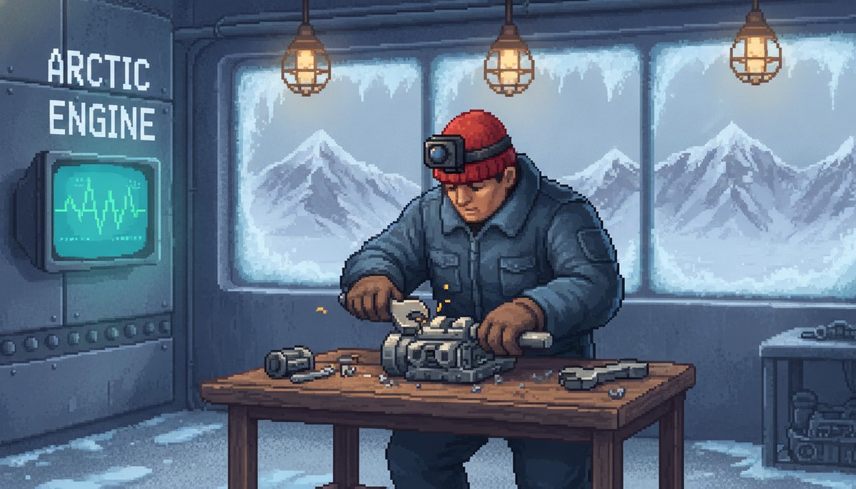 Pixel-art illustration of a worker wearing a head-mounted POV capture camera, repairing an engine part by hand at an arctic industrial workbench, with an Arctic Engine diagnostic screen in the background